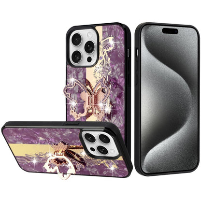 Diamond Glitter Butterfly Engraved Ring Stand Luxury Bling Hybrid Shockproof Chrome Edge Protective Durable Grip