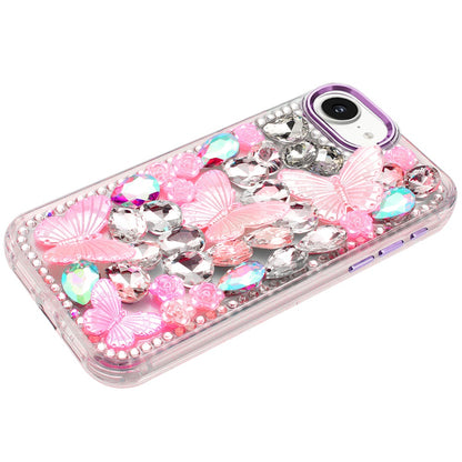 For Apple iPhone 17E /16E 3D Diamond Floral Butterfly Bling Stone Hybrid, Sparkly Rhinestone Gemstone Back Shockproof Case Cover