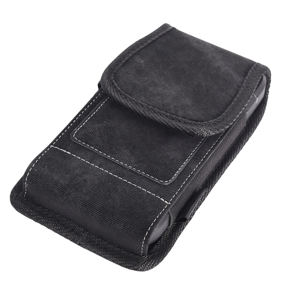 For Apple iPhone 16 Pro (6.3") Universal Vertical Denim Fabric Case Holster with 2 Card Slots, Pen Holder, Belt Clip Loop & Hook Carrying Large Phone Pouch [Black Denim]