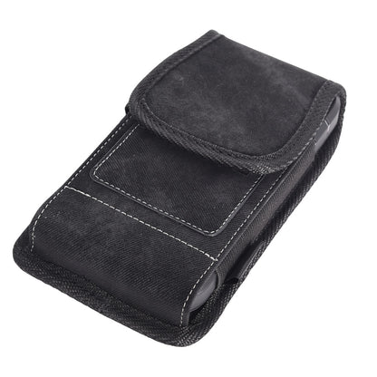 For Apple iPhone 16 Pro (6.3") Universal Vertical Denim Fabric Case Holster with 2 Card Slots, Pen Holder, Belt Clip Loop & Hook Carrying Large Phone Pouch [Black Denim]