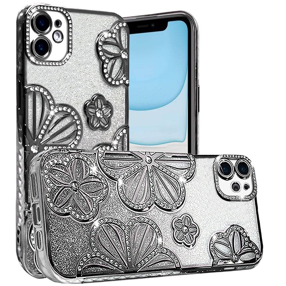 For Apple iPhone 11 Luxury Flower Design Sparkle Glitter Diamond Rhinestone Shimmer Bling Plating Thick TPU Hard PC Case Cover