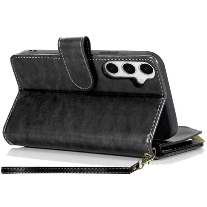 For Samsung Galaxy S25 /S24 Leather Wallet Case with Zipper, 9 Card Slots, Cash Pocket, Stand & Strap, Clutch Pouch Design Case Cover Black