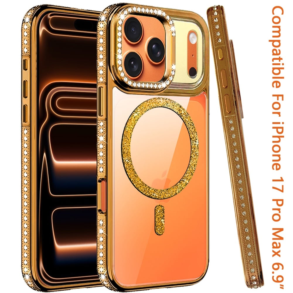 Phone Case for Apple iPhone 17 Pro Max Luxury Diamond Bling Edged Magnetic Glitter Shockproof Hybrid with Camera Kickstand Durable Grip Cover