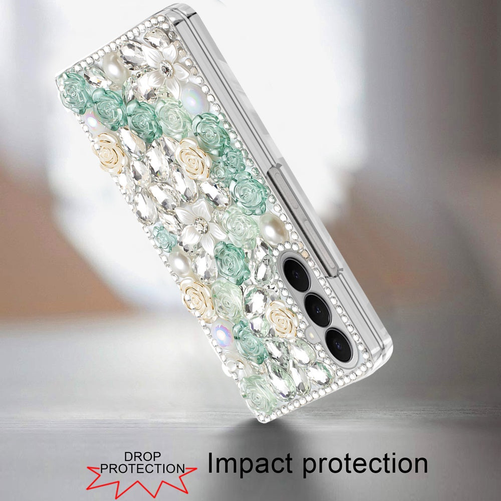 For Samsung Galaxy Z Flip 7 Fashion Rose Flower Floral Bling Crystal 3D Full Diamonds Pearl Sparkle Rhinestone Glitter Hybrid Case Cover