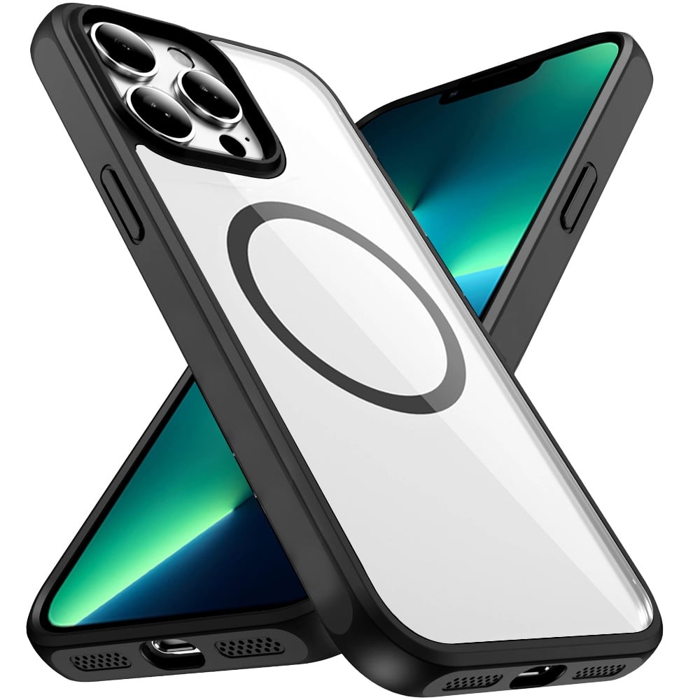Phone Case for Apple iPhone 13 Pro Transparent Magnetic HQ Shockproof Hybrid 2.0mm Thick AntiSlip Grip Drop Protection Rugged Clear Durable Impact Cover Black