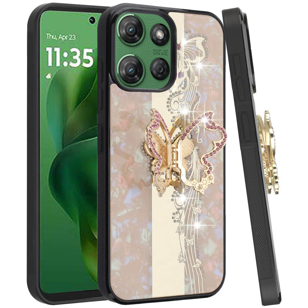 Phone Case for Motorola Moto G Power 5G 2026 /2025 Diamond Glitter Butterfly Engraved Ring Stand Luxury Bling Hybrid Shockproof Chrome Edge Protective Durable Grip Cover