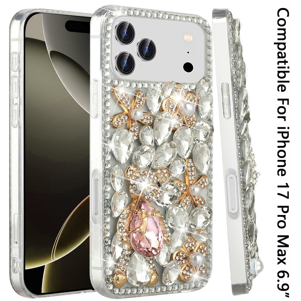 Phone Case for Apple iPhone 17 Pro Max Luxury Full Diamond Glitter 3D Floral Ornament Hybrid Shockproof Stylish Rhinestone Designer Protective Elegant Cover