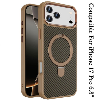 For Apple iPhone 17 Pro (6.3") Hybrid Carbon Fiber Design with MagSafe Compatible [Magnetic Circle], Ring Stand Shockproof Slim TPU Case Cover
