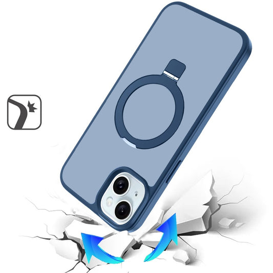 Phone Case for Apple iPhone 15 Magnetic Ring Stand Full Rotation Matte Shockproof Grip Anti Slip Durable Camera Protection Hybrid Cover Blue