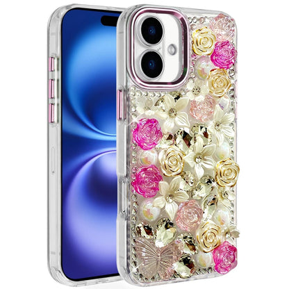 Phone Case for iPhone 17 (6.3") Luxury Rose Bling Rhinestone Glitter Floral Hybrid Shockproof Stylish Protective Designer Ornament Sparkle Cover Pink