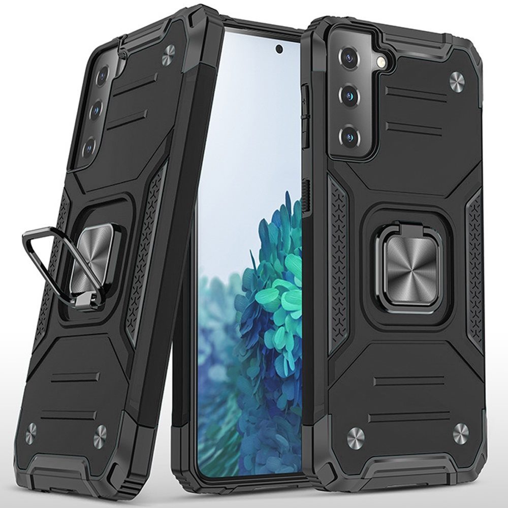 For Samsung Galaxy S21 FE /Fan Edition Armor Hybrid Magnetic Stand with Ring Holder Kickstand Shockproof Heavy-Duty Durable Rugged TPU Dual Layer Case Cover Black