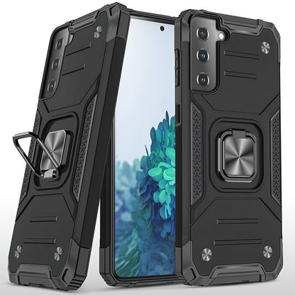 For Samsung Galaxy S21 FE /Fan Edition Armor Hybrid Magnetic Stand with Ring Holder Kickstand Shockproof Heavy-Duty Durable Rugged TPU Dual Layer Case Cover Black