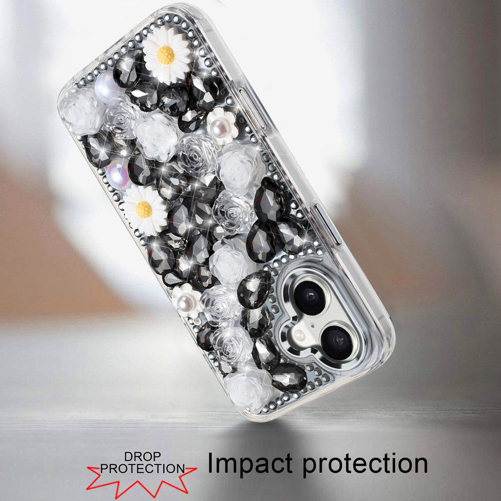 Phone Case for Apple iPhone 16 Plus Full Bling Rhinestone Glitter Floral Luxury Hybrid Shockproof Stylish Sparkling Protective Designer Ornament Cover