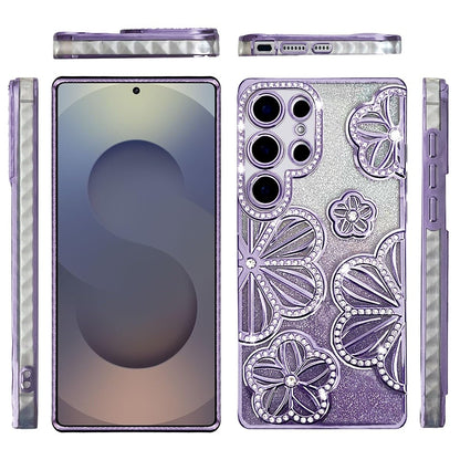 For Samsung Galaxy S25 Ultra Luxury Flower Design Sparkle Glitter Diamond Rhinestone Shimmer Bling Plating Thick TPU Hard PC Case Cover