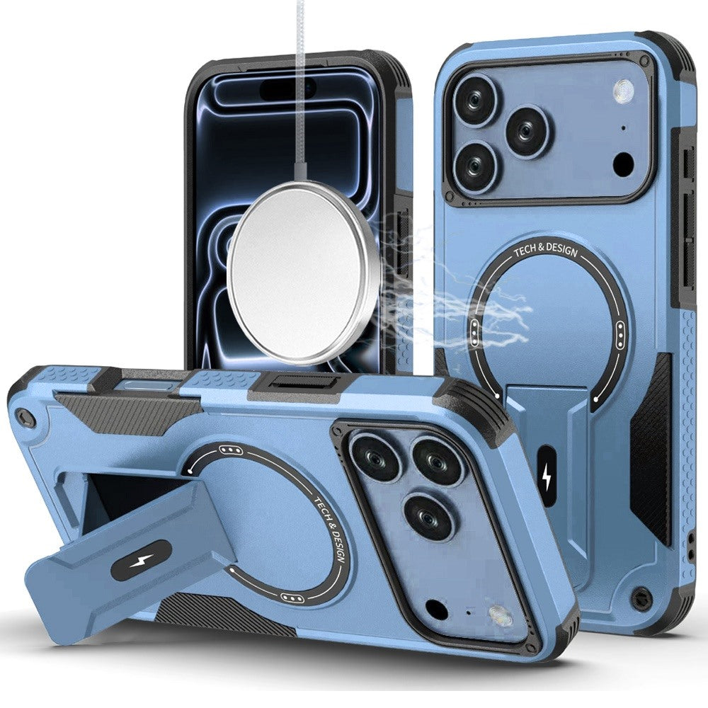 Phone Case for Apple iPhone 18 Pro/ 17 Pro Magnetic Kickstand Rugged Shockproof Armor Grip Anti Slip Heavy Duty Protective Matte Stand Hybrid Cover Blue