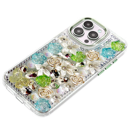 For Apple iPhone 15 Pro Max 3D Diamond Floral Roses Flower Bling Stone Hybrid, Sparkly Rhinestone Gemstone Back Shockproof Case Cover Green