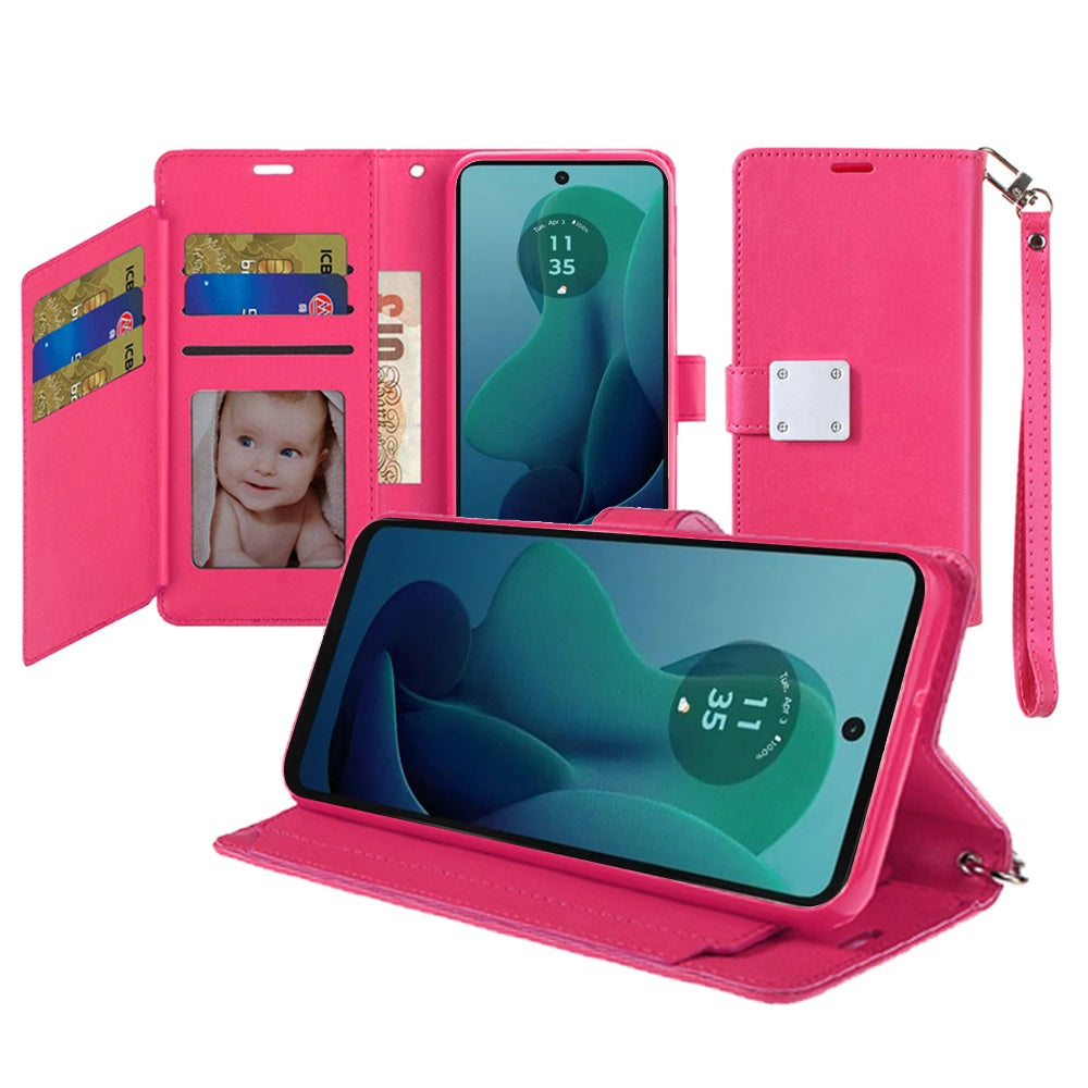 For Motorola Moto G 5G 2024 Premium Leather Wallet with Credit Card ID Slots Cash Holder, Duo Flip Pouch, Stand Function & Strap Case Cover Hotpink