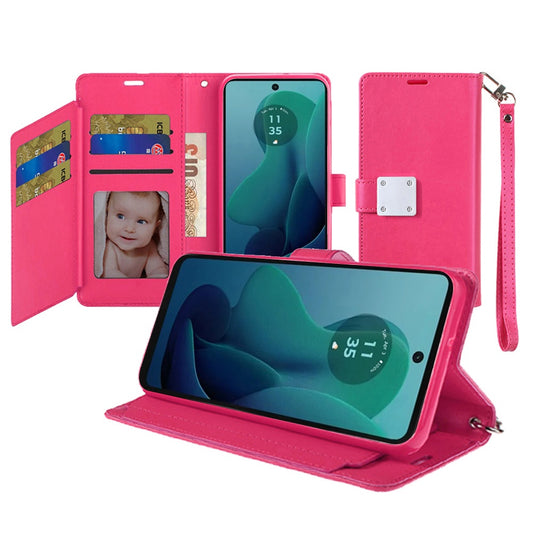 For Motorola Moto G 5G 2024 Premium Leather Wallet with Credit Card ID Slots Cash Holder, Duo Flip Pouch, Stand Function & Strap Case Cover Hotpink