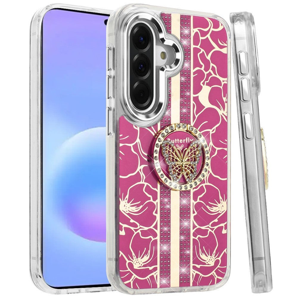 Phone Case for Samsung Galaxy A57 Floral Butterfly Ring Stand Glitter Bling Shockproof Hybrid Luxury Fashion Protective Anti Slip Durable Grip Cover