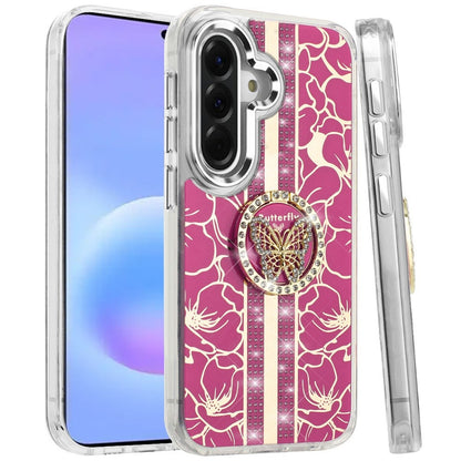 Phone Case for Samsung Galaxy A57 Floral Butterfly Ring Stand Glitter Bling Shockproof Hybrid Luxury Fashion Protective Anti Slip Durable Grip Cover
