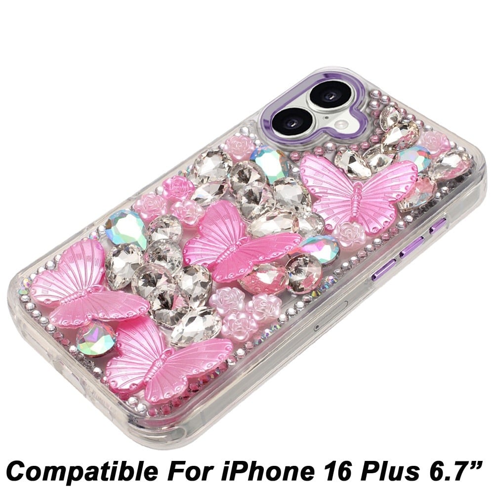 Phone Case for Apple iPhone 16 Plus Luxury 3D Floral Butterfly Bling Rhinestone Glitter Shockproof Stylish Protective Hybrid Designer Metallic Cover