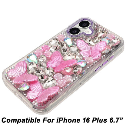 Phone Case for Apple iPhone 16 Plus Luxury 3D Floral Butterfly Bling Rhinestone Glitter Shockproof Stylish Protective Hybrid Designer Metallic Cover
