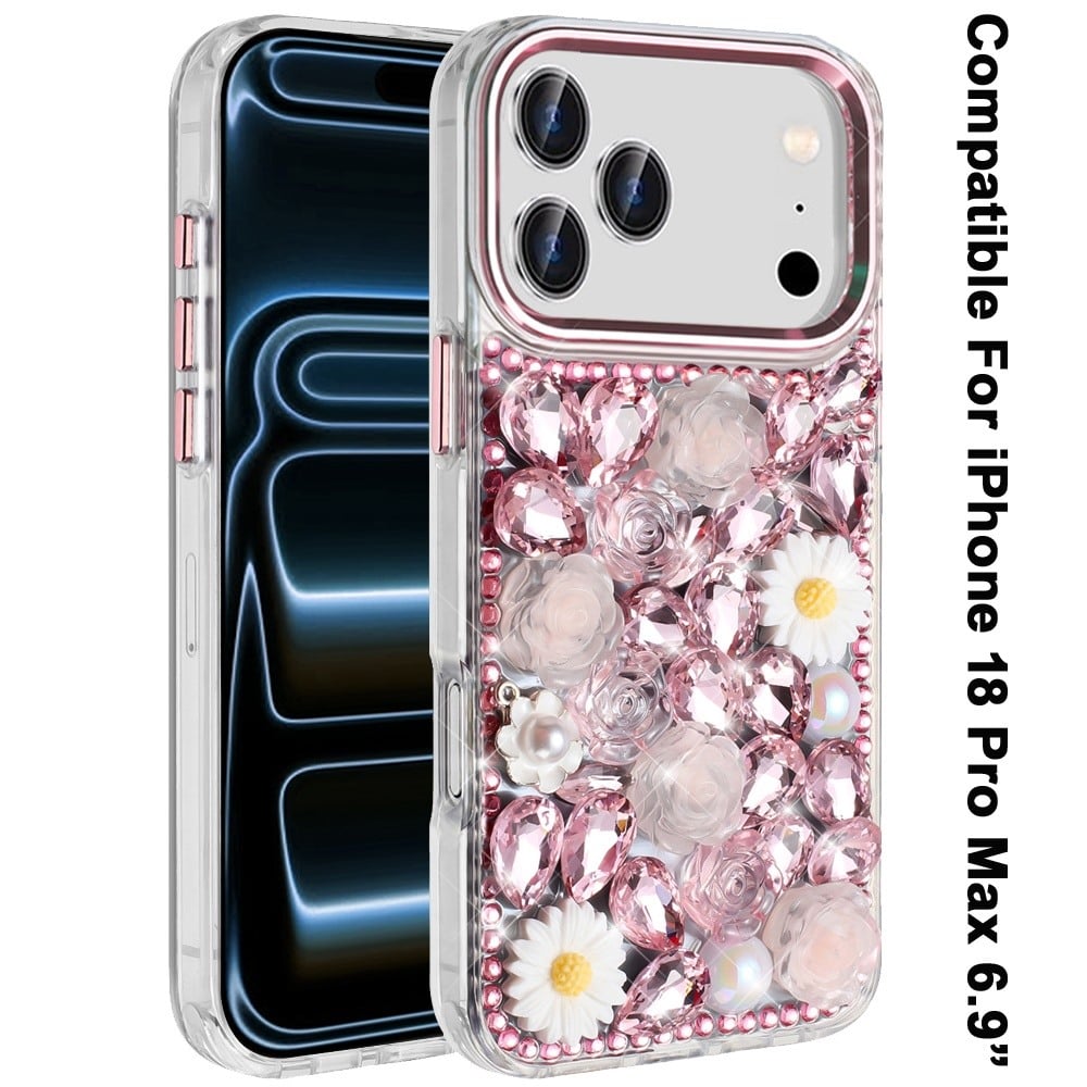 Phone Case for Apple iPhone 18 Pro Max Full Bling Rhinestone Glitter Floral Luxury Hybrid Shockproof Stylish Sparkling Protective Designer Ornament Cover