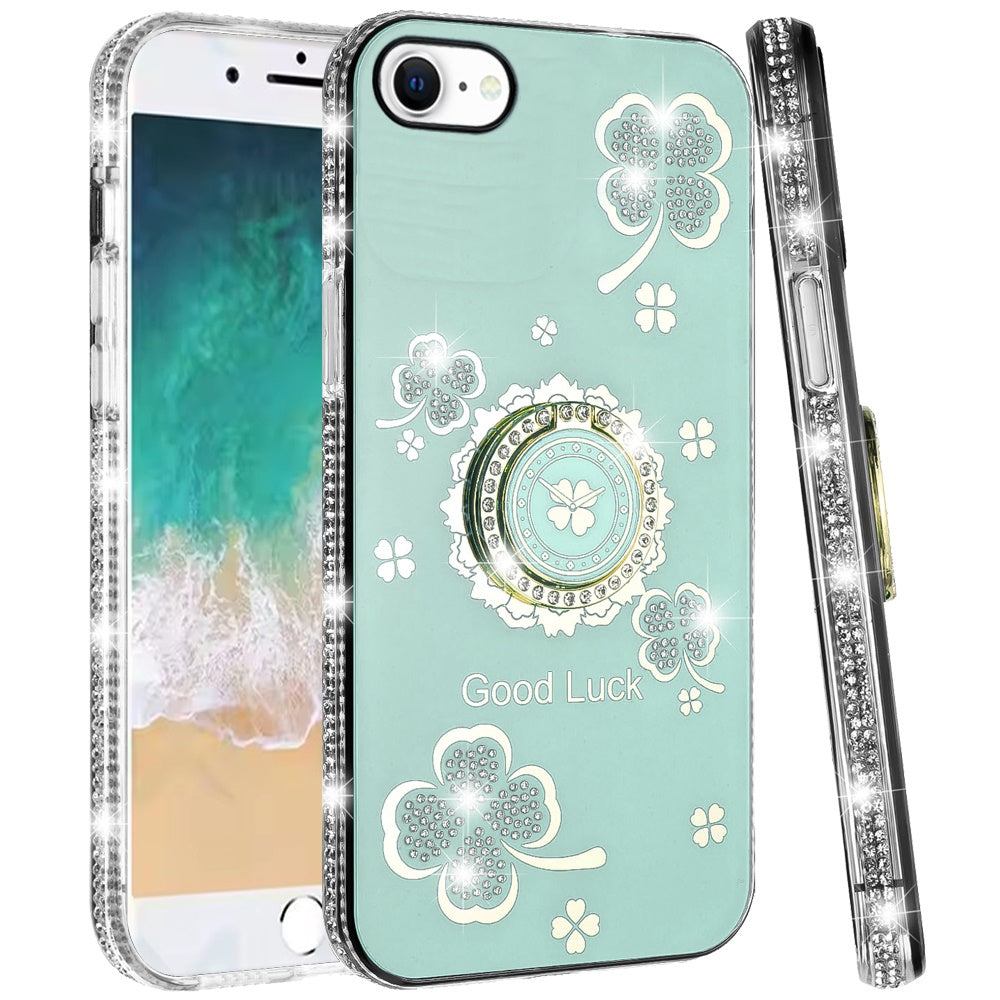 For Apple iPhone 16e Diamonds Bling All Around Edges Sparkly Glitter Hybrid with Ring Stand Holder Fashion Good Luck Case Cover