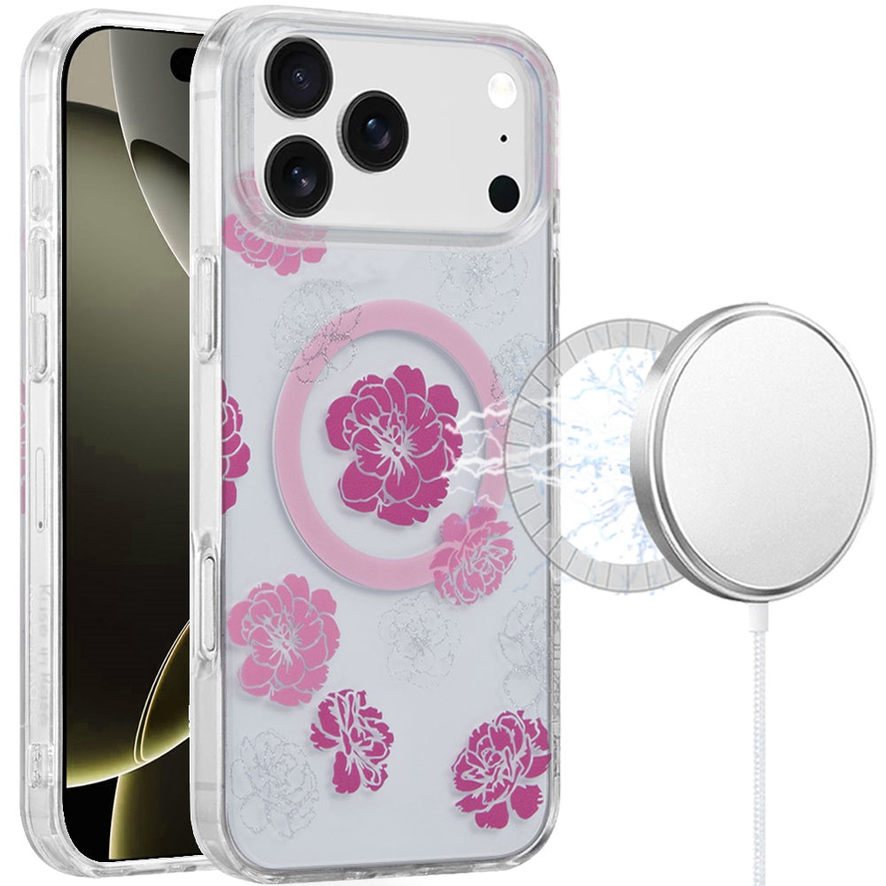 For Apple iPhone 17 Pro Stylish Pattern Fashion IMD Printed Design TPU Double Layer Slim Shockproof with Magnetic Back Case Cover Hot Pink Flower