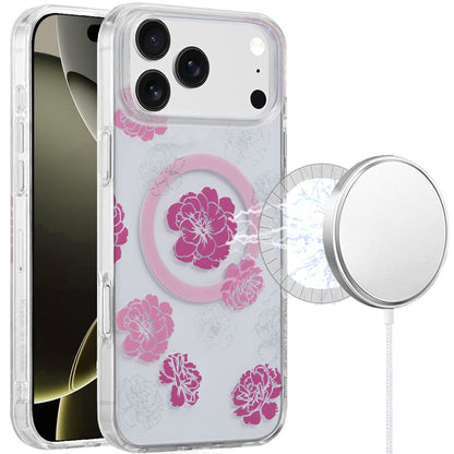 For Apple iPhone 17 Pro Stylish Pattern Fashion IMD Printed Design TPU Double Layer Slim Shockproof with Magnetic Back Case Cover Hot Pink Flower