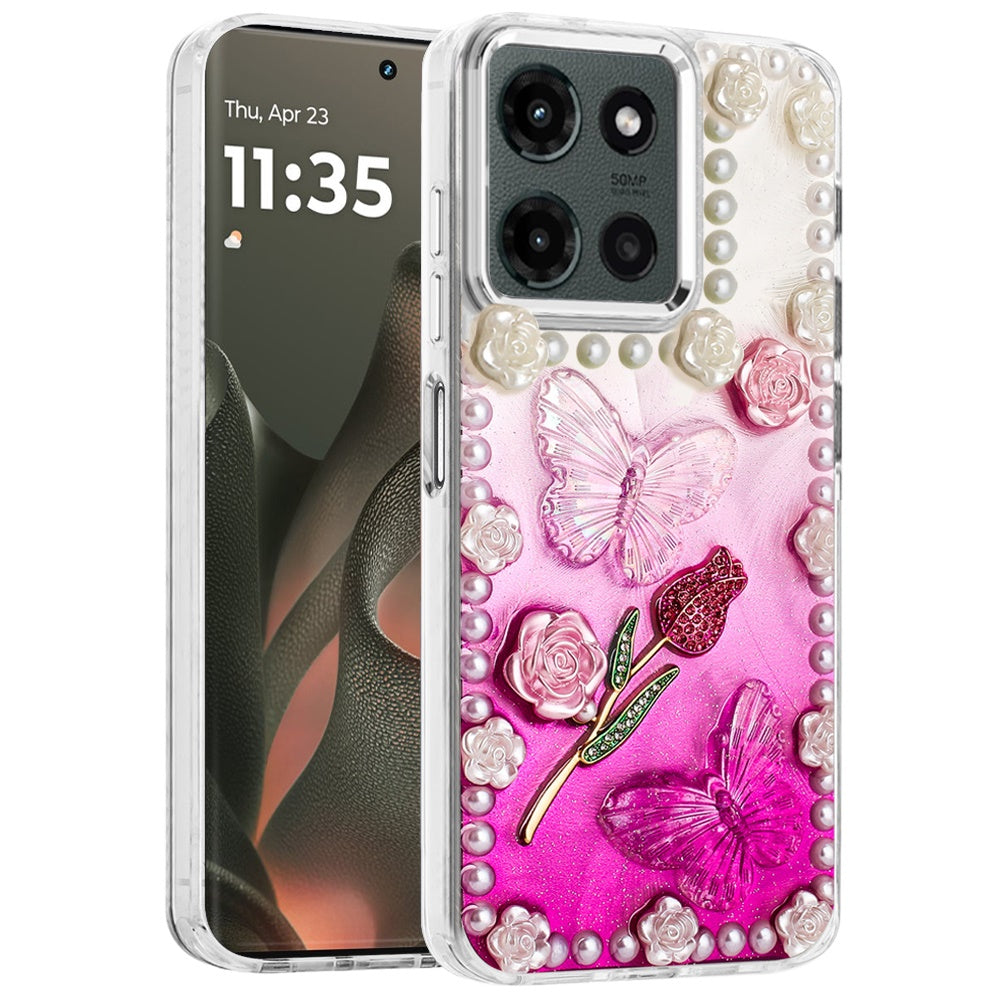 For Motorola Moto G Power 5G 2025 Bling Fashion Design with 3D Pearls Epoxy Glitter Ornaments Chrome Edge Hard Slim PC Case Cover