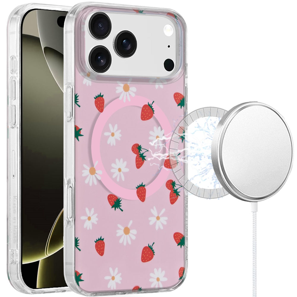 For Apple iPhone 17 Stylish Pattern Fashion IMD Printed Design TPU Double Layer Slim Shockproof with Magnetic Back Case Cover Strawberry Daisy