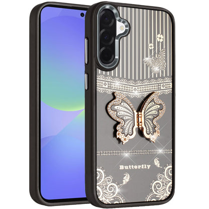 For Samsung Galaxy A37 Glitter 3D Butterfly Design Bling Metallic Edge Hybrid Stand Drop Protection TPU Shockproof Case Cover