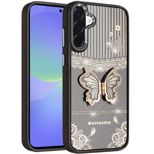 For Samsung Galaxy A37 Glitter 3D Butterfly Design Bling Metallic Edge Hybrid Stand Drop Protection TPU Shockproof Case Cover