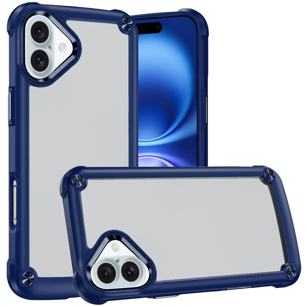 Phone Case for Apple iPhone 16 Ultimate Hybrid Transparent Rubber with Metal Buttons & Camera Edges, Hard TPU Frame Corner Bumper Cover Blue