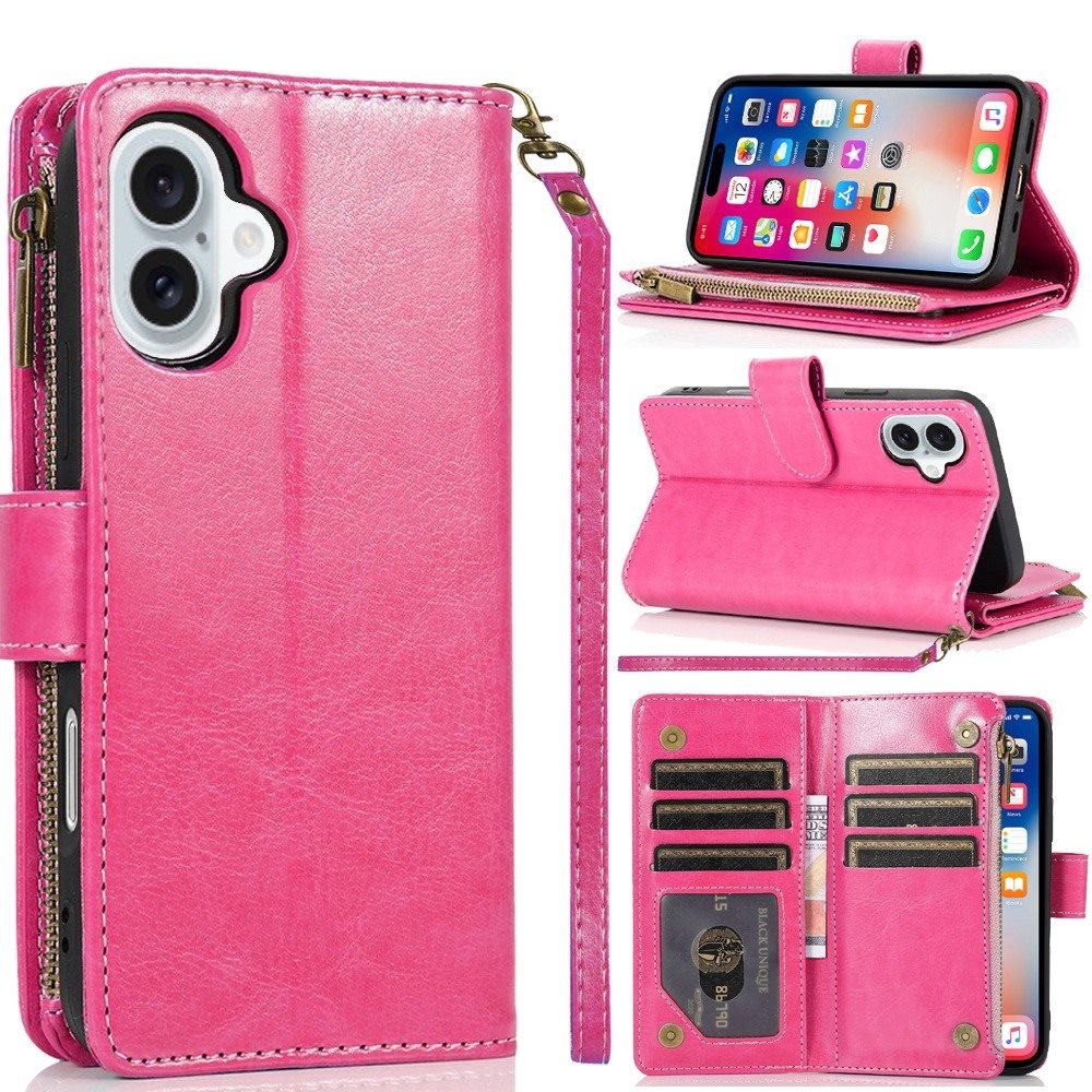 For Motorola Moto G Stylus 5G 2025 Leather Wallet Case with Zipper, 9 Card Slots, Cash Pocket, Stand & Strap, Clutch Pouch Design Case Cover Hot Pink