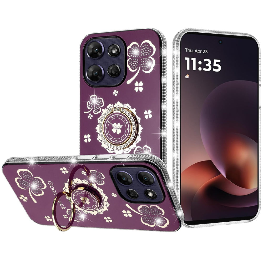 Phone Case for Motorola Moto G Power 5G 2026 /2025 Glitter Diamond Ring Stand Sparkle Rhinestone Edge AntiSlip Kickstand Luxury Fashion Bumper Shockproof Cover Purple