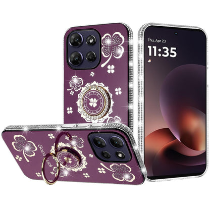 Phone Case for Motorola Moto G Power 5G 2026 /2025 Glitter Diamond Ring Stand Sparkle Rhinestone Edge AntiSlip Kickstand Luxury Fashion Bumper Shockproof Cover Purple