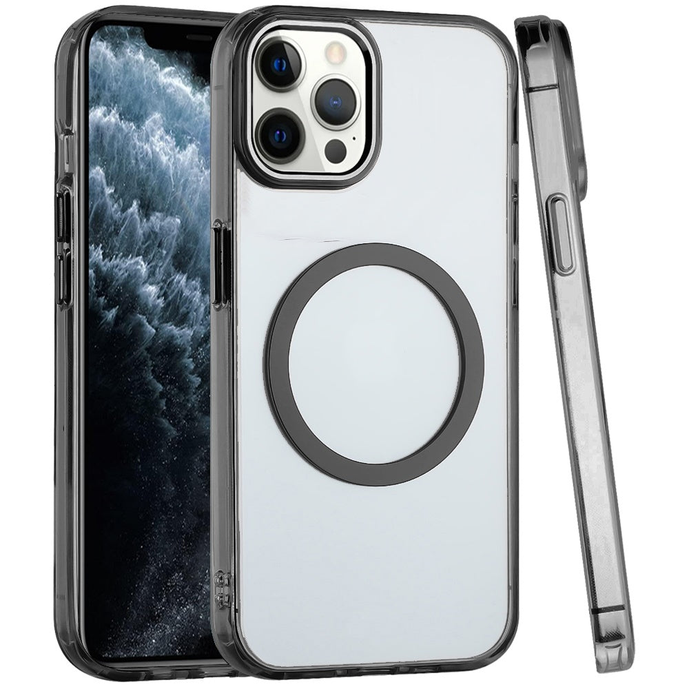 For Apple iPhone 11 Pro Max Transparent Back Hybrid Case - Magnetic Circle, Color Frame, Metal Buttons, MagSafe Compatible Case Cover