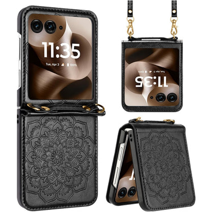 For Motorola Razr 2025 Embossed Floral PU Leather Henna Mandala Design Flip Cover with Strap, Hybrid Protective Case Cover