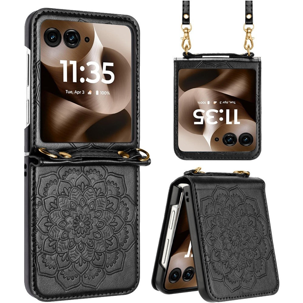 For Motorola Razr+ PLUS (2025 /2024) Embossed Floral PU Leather Henna Mandala Design Flip Cover with Strap, Hybrid Protective Case Cover