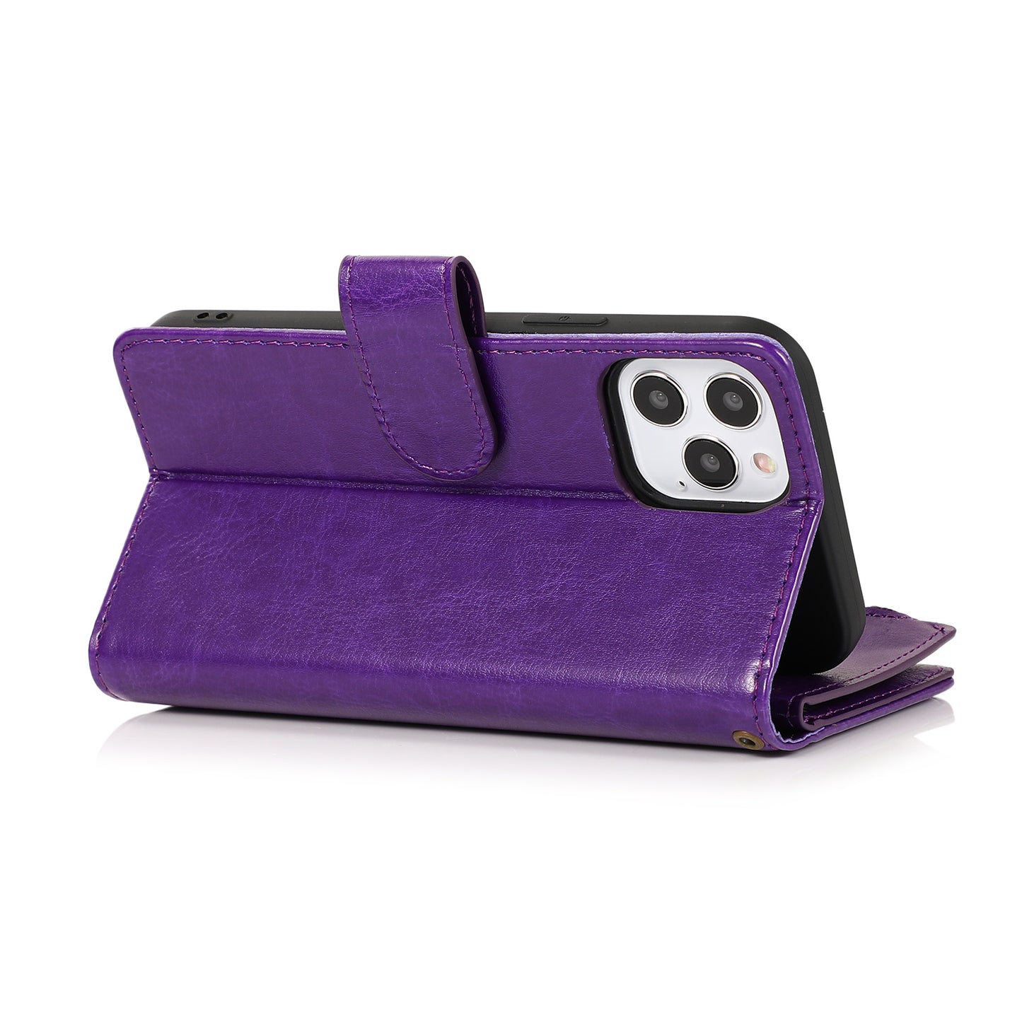 For Apple iPhone 16 Pro Max (6.9") Leather Zipper Wallet Case 9 Credit Card Slots Cash Money Pocket Clutch Pouch Stand & Strap Case Cover Purple