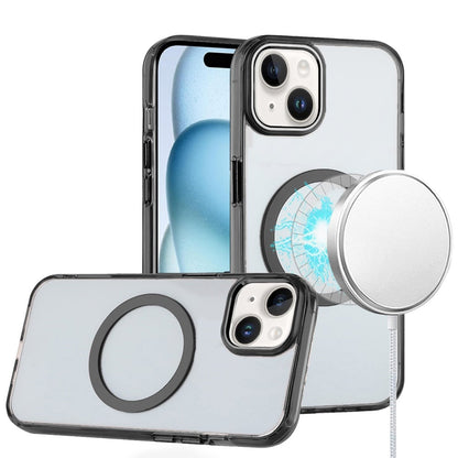 For iPhone 15 Plus (6.7") Transparent Back Hybrid Case - Magnetic Circle, Color Frame, Metal Buttons, MagSafe Compatible Case Cover Black