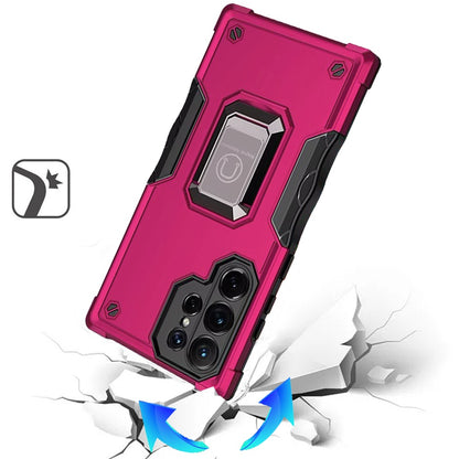 For Samsung Galaxy S25 Ultra Hybrid Stand Magnetic Ring Holder Kickstand Heavy Duty Rugged Drop Silicone & Hard PC Shockproof Case Cover Hotpink