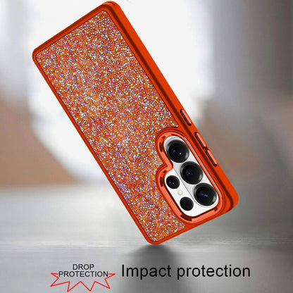 Phone Case for Samsung Galaxy S26 Ultra Crystal Glass Bling Diamond Metallic Edge Shockproof Durable Protective Clear Hybrid Stylish Premium Design Cover Cosmic Orange