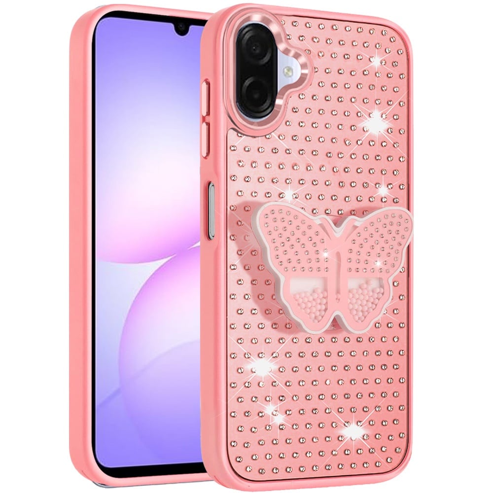 For Samsung Galaxy A07 Butterfly Moveable Grip 3D Pop Stand Full Diamond Bling Sparkling TPU Fashion Hybrid Case Cover