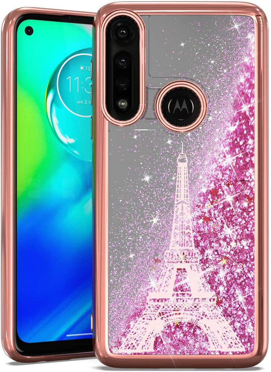 For Apple iPhone 15 (6.1") Quicksand Liquid Glitter Bling Flowing Sparkle Fashion Hybrid TPU and Chrome Plating Hard Paris Eiffel Tower Phone Case Cover