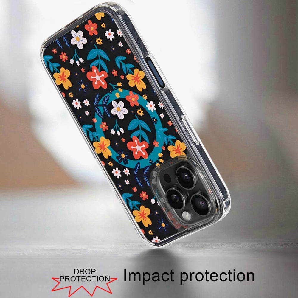 For Apple iPhone 15 Pro Max Cute Fashion Pattern Design, Durable Shockproof Slim TPU Hard Back, MagSafe Compatible Case Cover Nightly Floral