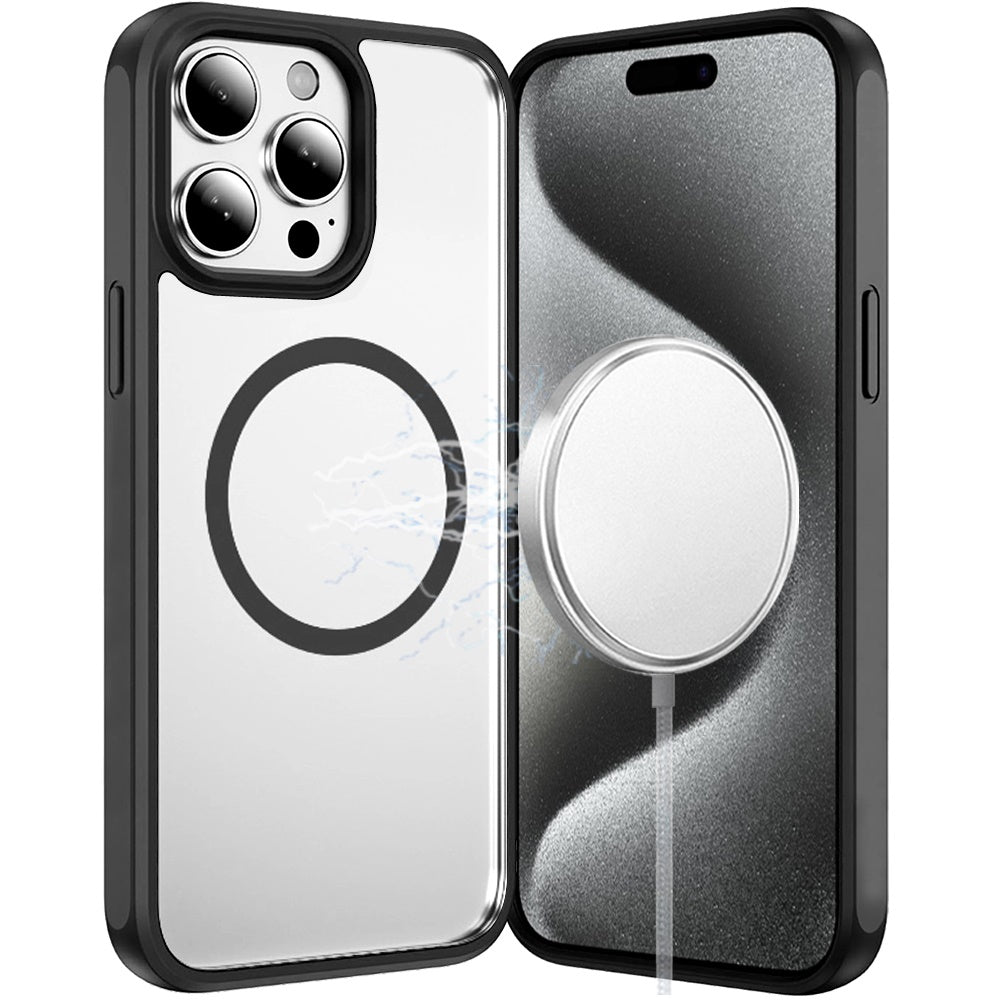 Phone Case for Apple iPhone 15 Pro Transparent Magnetic HQ Shockproof Hybrid 2.0mm Thick AntiSlip Grip Drop Protection Rugged Clear Durable Impact Cover Black