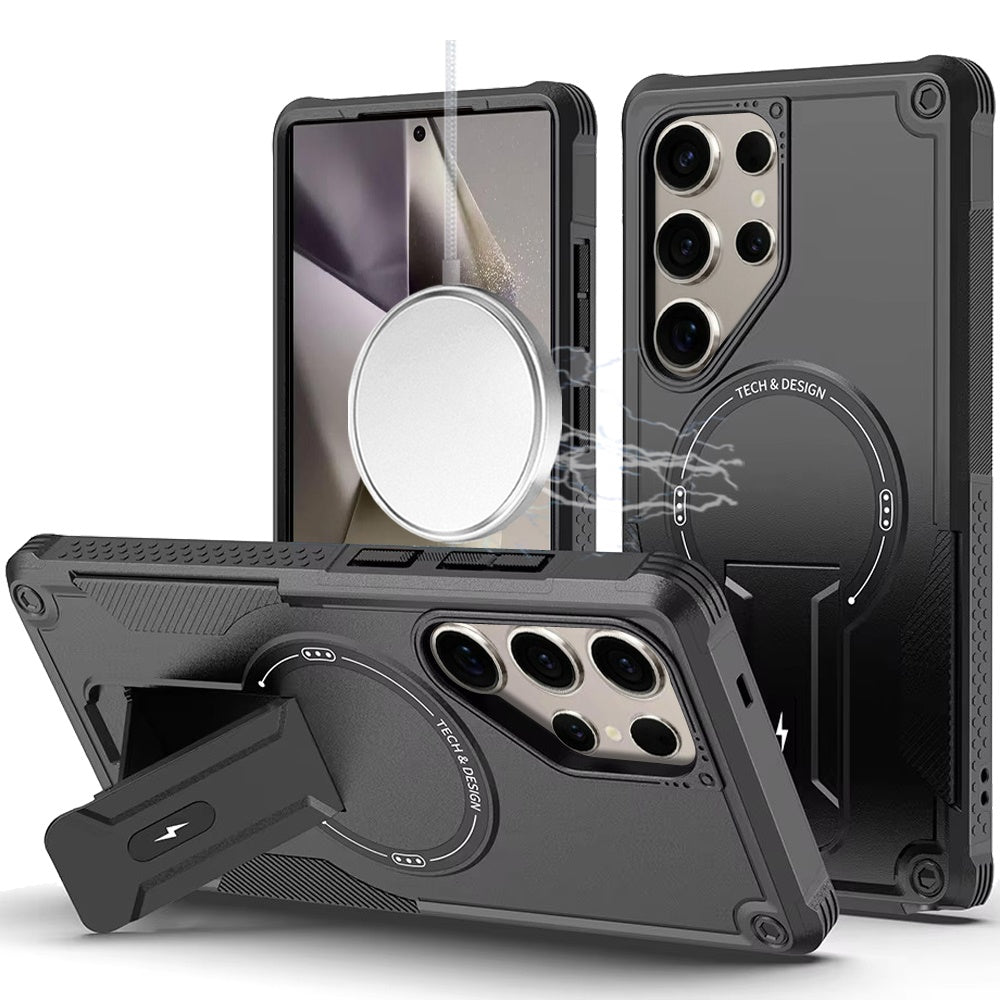 Phone Case for Samsung Galaxy S24 Ultra Magnetic Kickstand Rugged Shockproof Armor Grip Anti Slip Heavy Duty Protective Matte Stand Hybrid Cover Black